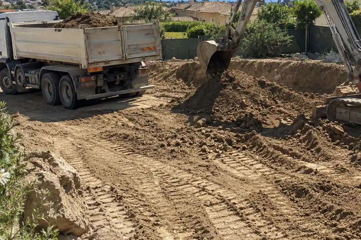 Pelle mécanique chargeant des déblais dans un camion-benne sur un chantier de terrassement près de Cahors