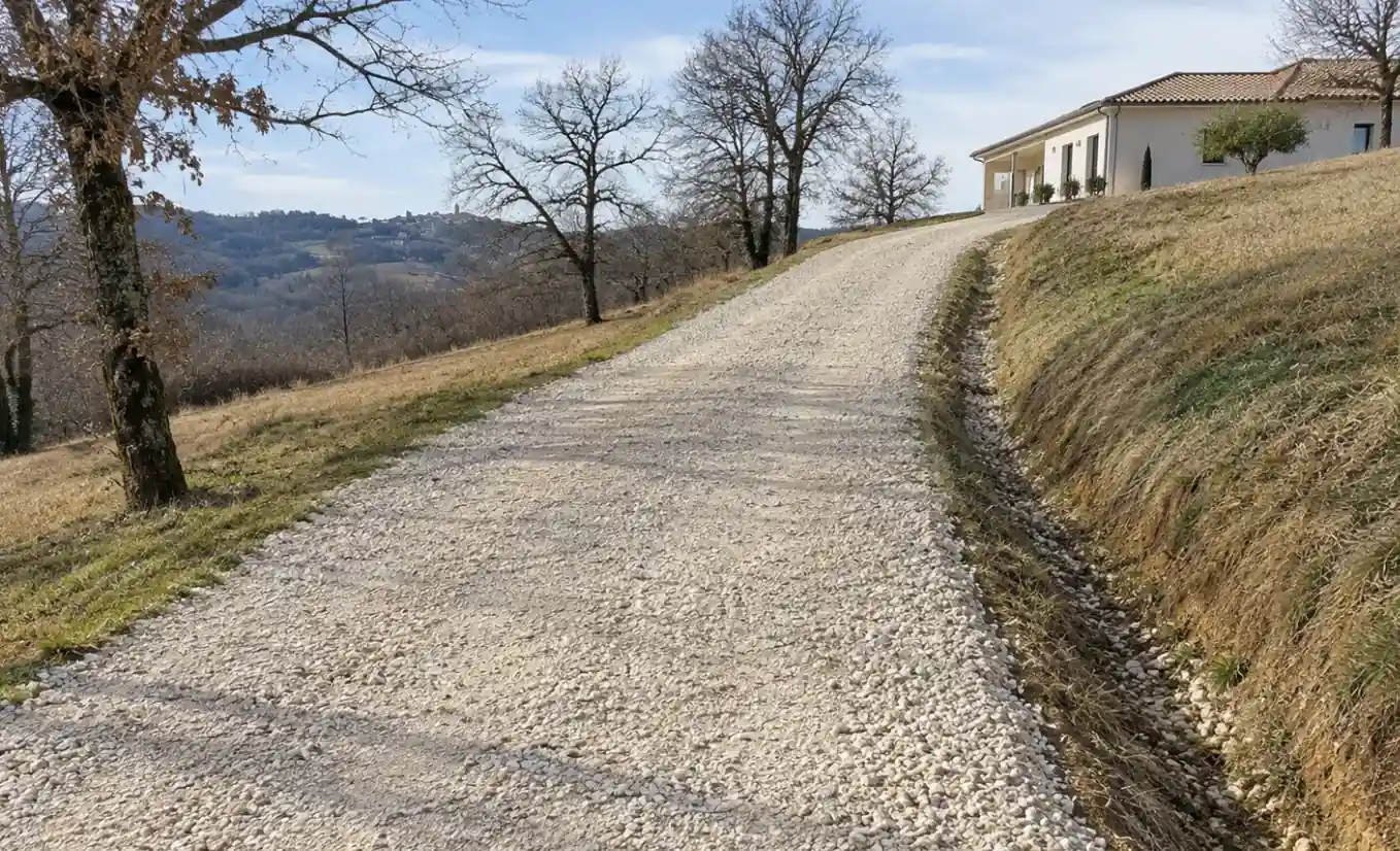 Chemin d'accès empierré qui monte vers une maison à Bellefont-La Rauze, fossé sur le côté