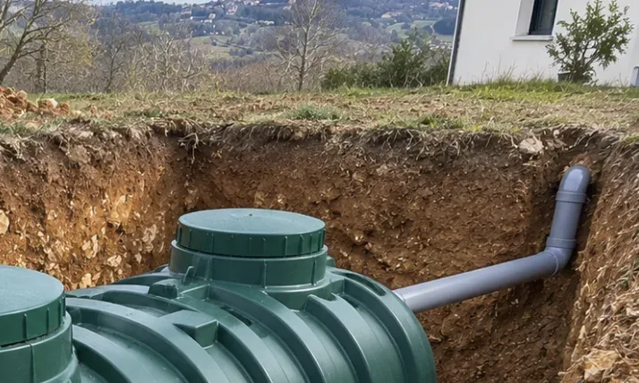 Fosse toutes eaux posée dans sa fouille avant le contrôle et le remblai, à Lalbenque