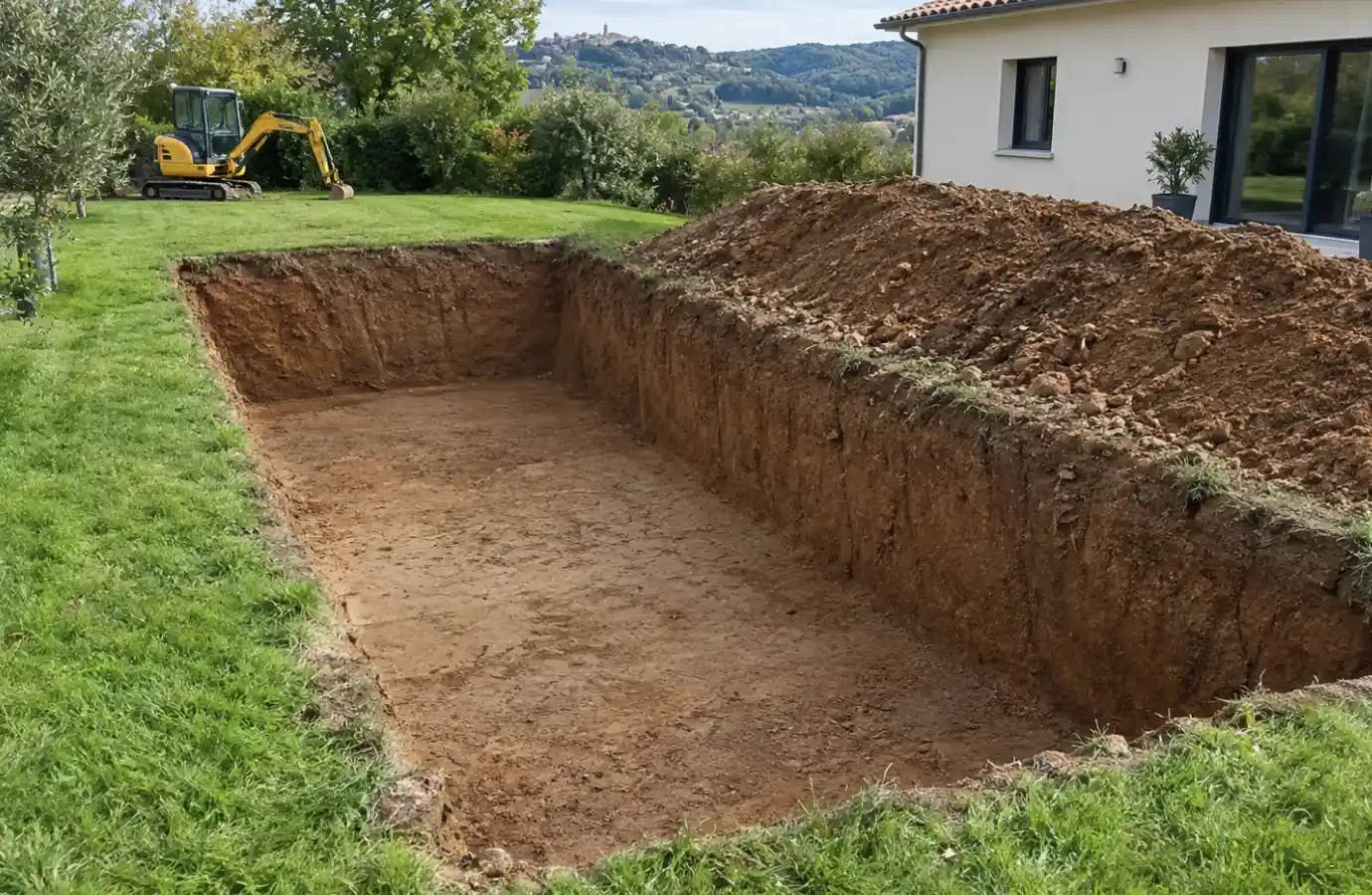 Fouille de piscine rectangulaire à parois verticales dans un jardin à Mercuès