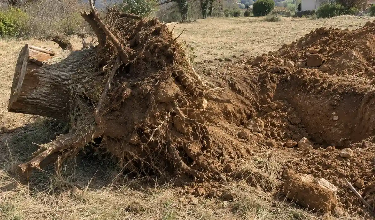 Souche de chêne arrachée au bord de son trou sur un terrain à aplanir