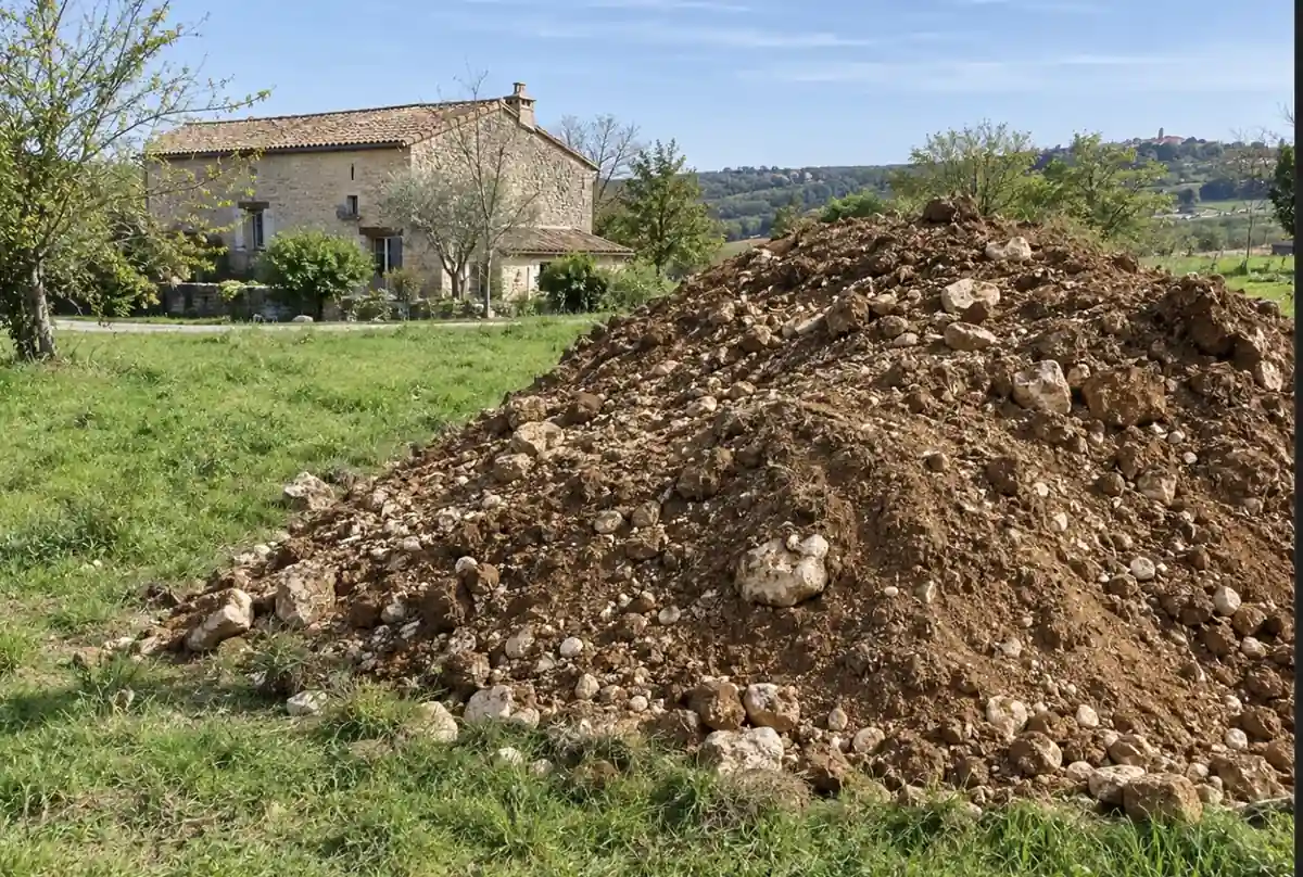 Tas de terre de déblai mêlée de cailloux calcaires en bord de parcelle
